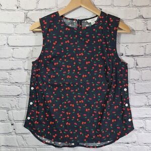 1901 Women's NWOT Navy Tossed Cherry Side Button Poplin Tank‎ Top Blouse Size XS